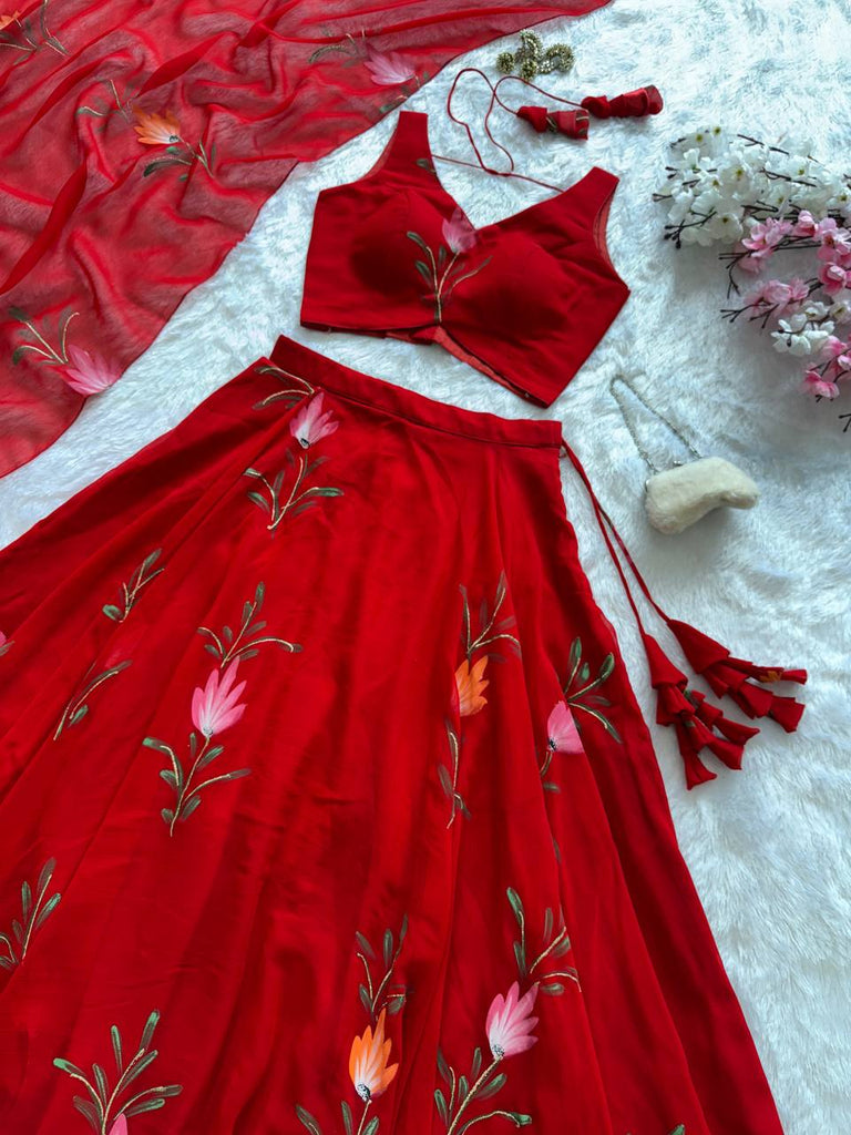 Red Exclusive Handpaint Georgette Lehenga Set with Designer Blouse & Dupatta ClothsVilla