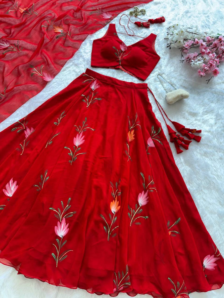 Red Exclusive Handpaint Georgette Lehenga Set with Designer Blouse & Dupatta ClothsVilla