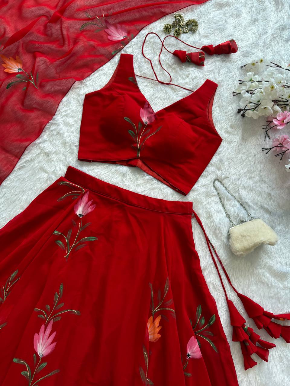 Red Exclusive Handpaint Georgette Lehenga Set with Designer Blouse & Dupatta ClothsVilla