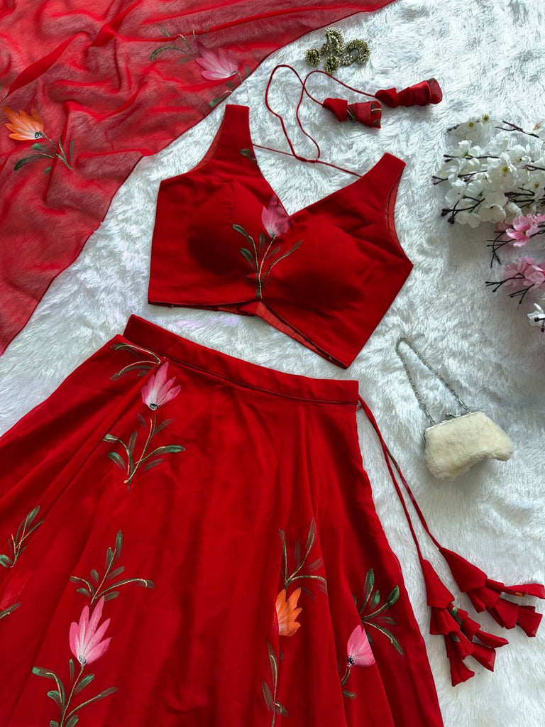 Red Exclusive Handpaint Georgette Lehenga Set with Designer Blouse & Dupatta ClothsVilla