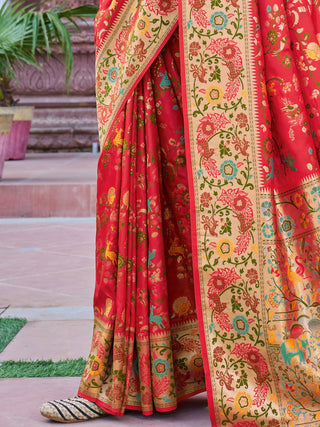 Red Exquisite Banarasi Jacquard Art Silk Saree with Matching Border Blouse – Perfect for Weddings ClothsVilla