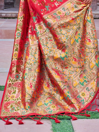 Red Exquisite Banarasi Jacquard Art Silk Saree with Matching Border Blouse – Perfect for Weddings ClothsVilla