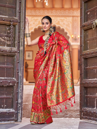 Red Exquisite Banarasi Jacquard Art Silk Saree with Matching Border Blouse – Perfect for Weddings ClothsVilla