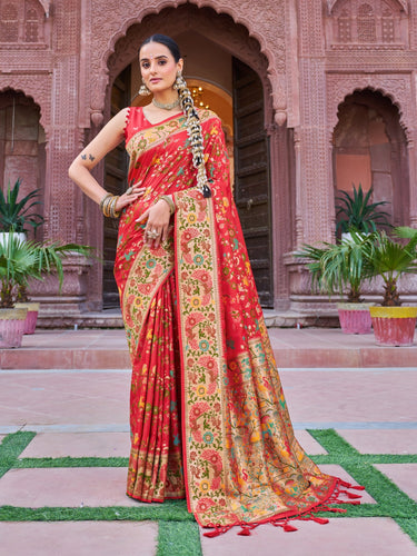 Red Exquisite Banarasi Jacquard Art Silk Saree with Matching Border Blouse – Perfect for Weddings ClothsVilla