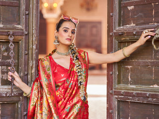 Red Exquisite Banarasi Jacquard Art Silk Saree with Matching Border Blouse – Perfect for Weddings ClothsVilla