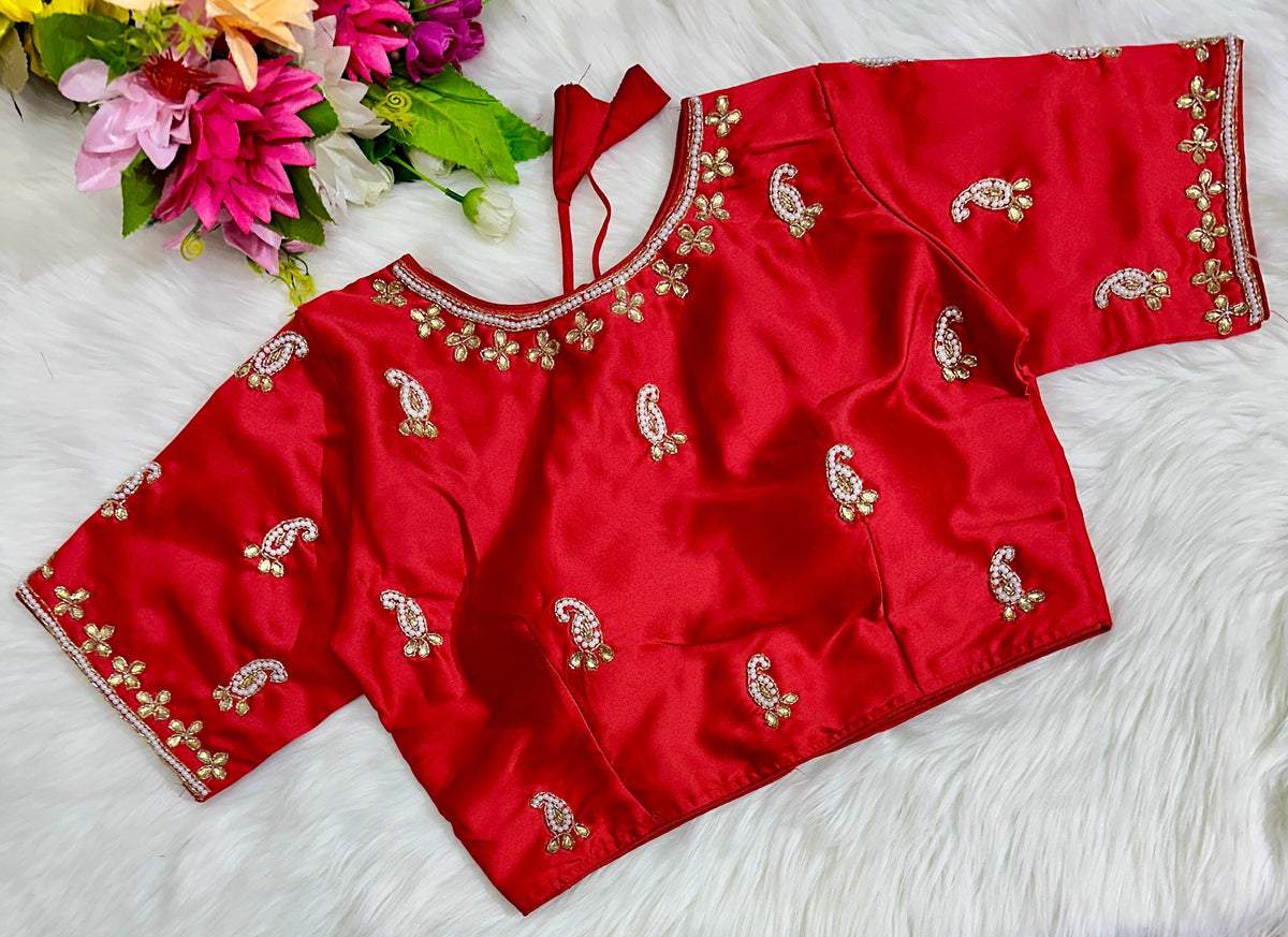 Red Exquisite Hand-Embroidered Methu Silk Blouse ClothsVilla Main image