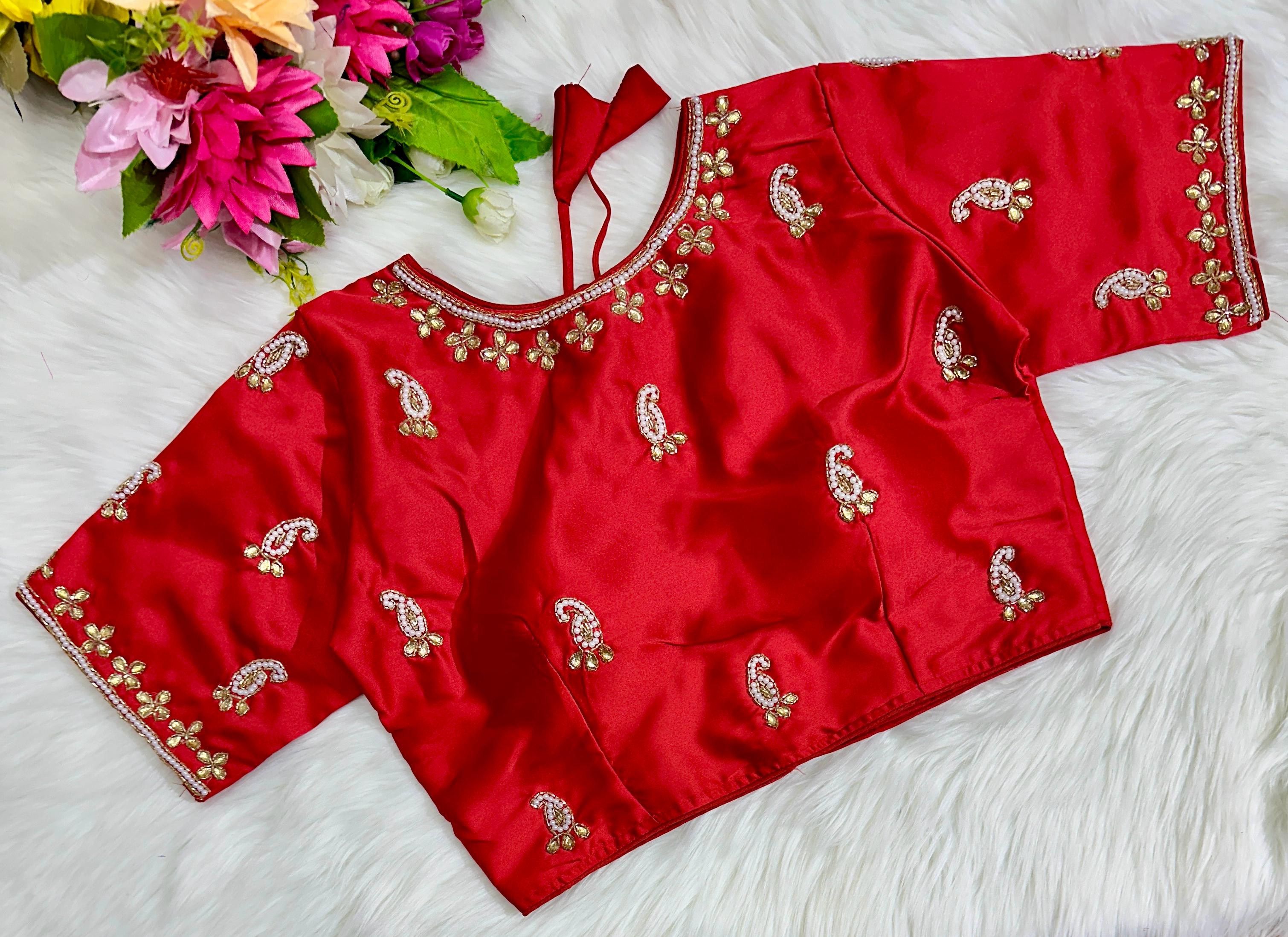 Red Exquisite Hand-Embroidered Methu Silk Blouse ClothsVilla Main image