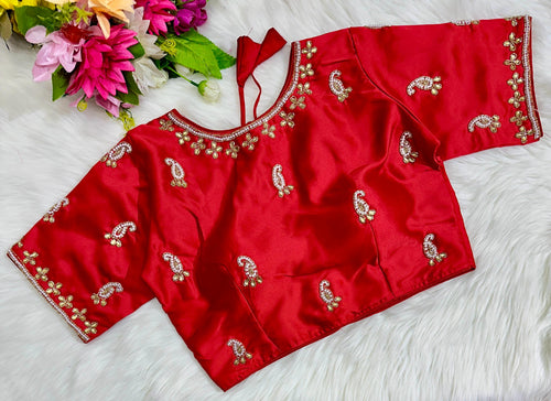 Red Exquisite Hand-Embroidered Methu Silk Blouse ClothsVilla