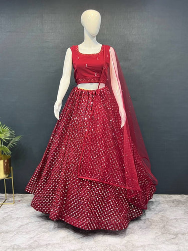 Red Exquisite Heavy Georgette Embroidered Lehenga Set with Sequins & Net Dupatta ClothsVilla