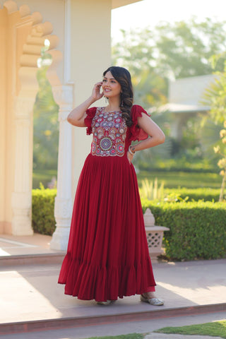 Red Faux Blooming Embroidered Gown with Beads, Sequins & Bell Sleeves – 7 Meter Flair ClothsVilla