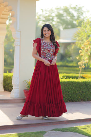 Red Faux Blooming Embroidered Gown with Beads, Sequins & Bell Sleeves – 7 Meter Flair ClothsVilla