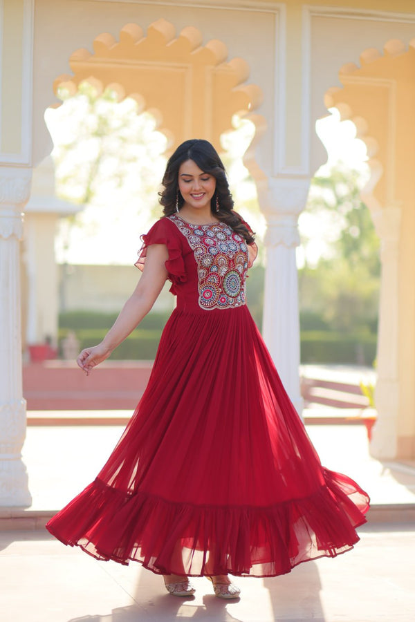 Red Faux Blooming Embroidered Gown with Beads, Sequins & Bell Sleeves – 7 Meter Flair ClothsVilla