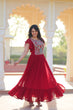Load image into Gallery viewer, Red Faux Blooming Embroidered Gown with Beads, Sequins &amp; Bell Sleeves – 7 Meter Flair ClothsVilla