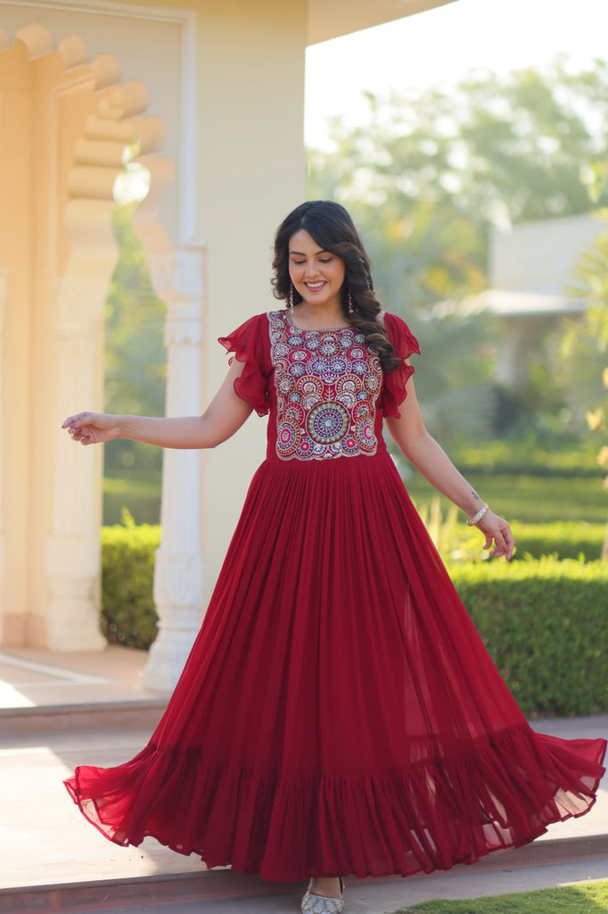 Red Faux Blooming Embroidered Gown with Beads, Sequins & Bell Sleeves – 7 Meter Flair ClothsVilla