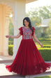 Load image into Gallery viewer, Red Faux Blooming Embroidered Gown with Beads, Sequins &amp; Bell Sleeves – 7 Meter Flair ClothsVilla