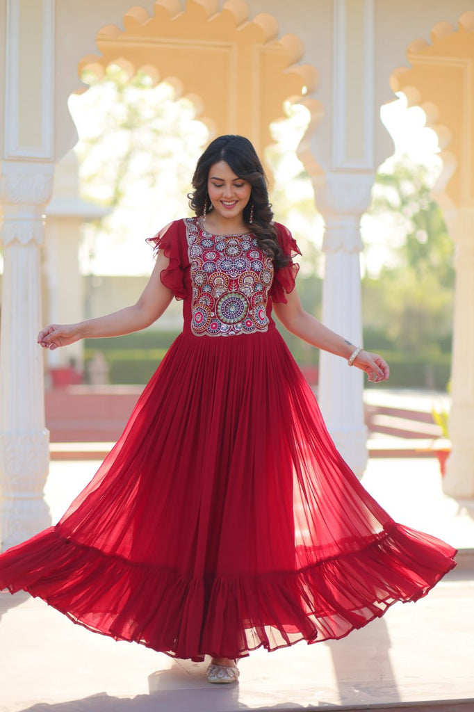 Red Faux Blooming Embroidered Gown with Beads, Sequins & Bell Sleeves – 7 Meter Flair ClothsVilla