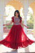 Load image into Gallery viewer, Red Faux Blooming Embroidered Gown with Beads, Sequins &amp; Bell Sleeves – 7 Meter Flair ClothsVilla