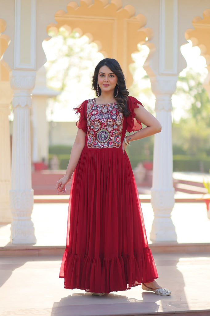 Red Faux Blooming Embroidered Gown with Beads, Sequins & Bell Sleeves – 7 Meter Flair ClothsVilla