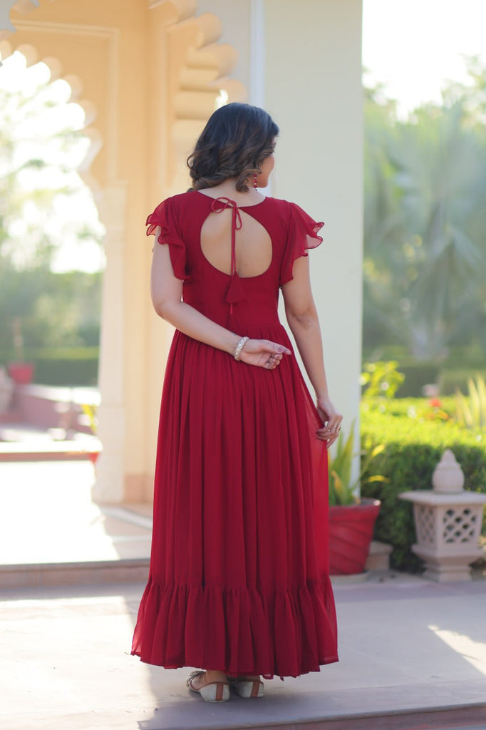 Red Faux Blooming Embroidered Gown with Beads, Sequins & Bell Sleeves – 7 Meter Flair ClothsVilla