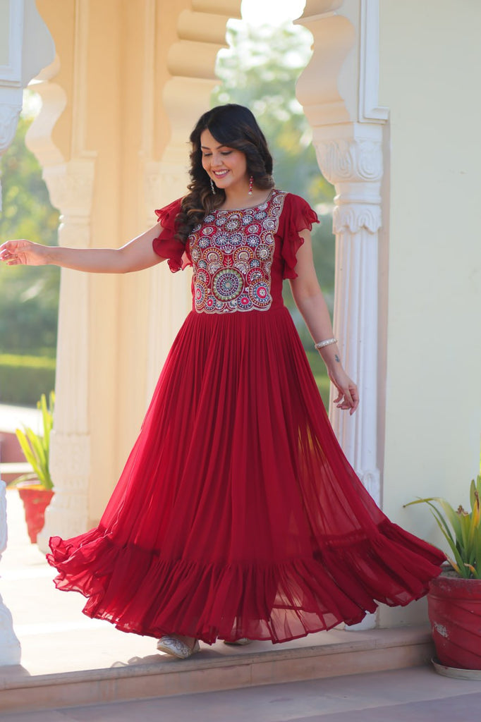 Red Faux Blooming Embroidered Gown with Beads, Sequins & Bell Sleeves – 7 Meter Flair ClothsVilla