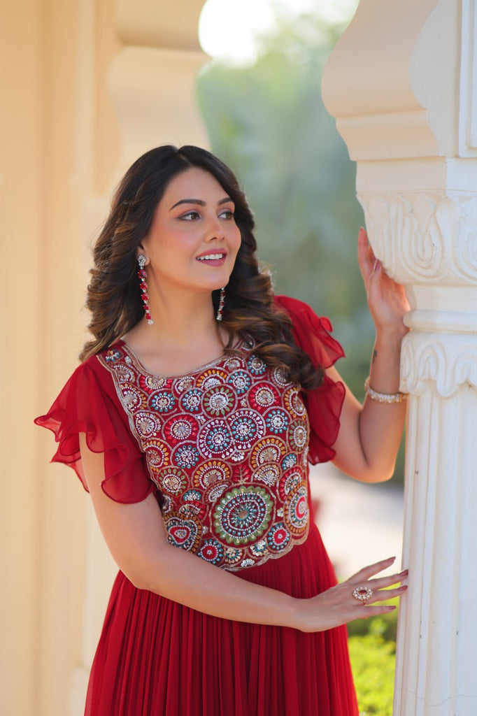 Red Faux Blooming Embroidered Gown with Beads, Sequins & Bell Sleeves – 7 Meter Flair ClothsVilla