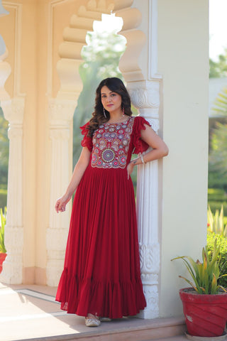 Red Faux Blooming Embroidered Gown with Beads, Sequins & Bell Sleeves – 7 Meter Flair ClothsVilla