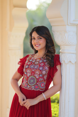 Red Faux Blooming Embroidered Gown with Beads, Sequins & Bell Sleeves – 7 Meter Flair ClothsVilla