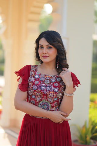 Red Faux Blooming Embroidered Gown with Beads, Sequins & Bell Sleeves – 7 Meter Flair ClothsVilla