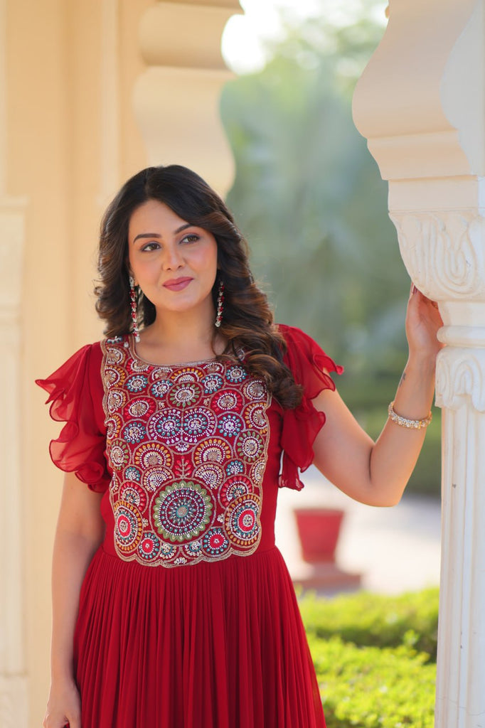 Red Faux Blooming Embroidered Gown with Beads, Sequins & Bell Sleeves – 7 Meter Flair ClothsVilla