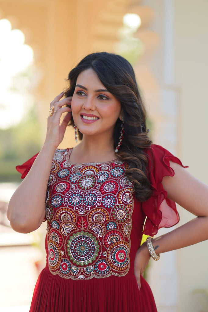 Red Faux Blooming Embroidered Gown with Beads, Sequins & Bell Sleeves – 7 Meter Flair ClothsVilla