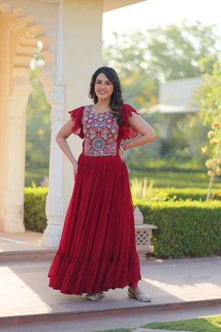 Red Faux Blooming Embroidered Gown with Beads, Sequins & Bell Sleeves – 7 Meter Flair ClothsVilla
