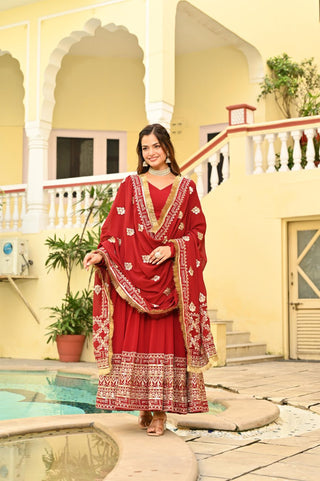 Red Faux Blooming Embroidered Zari Sequins Work Gown with Dupatta ClothsVilla