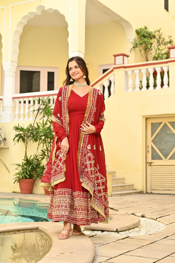 Red Faux Blooming Embroidered Zari Sequins Work Gown with Dupatta ClothsVilla