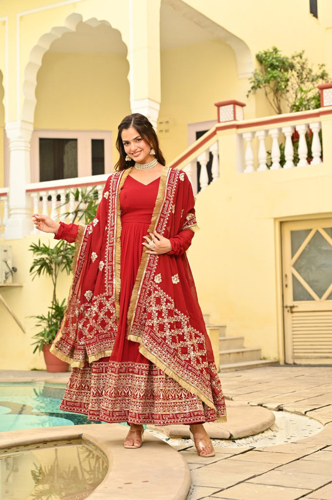 Red Faux Blooming Embroidered Zari Sequins Work Gown with Dupatta ClothsVilla