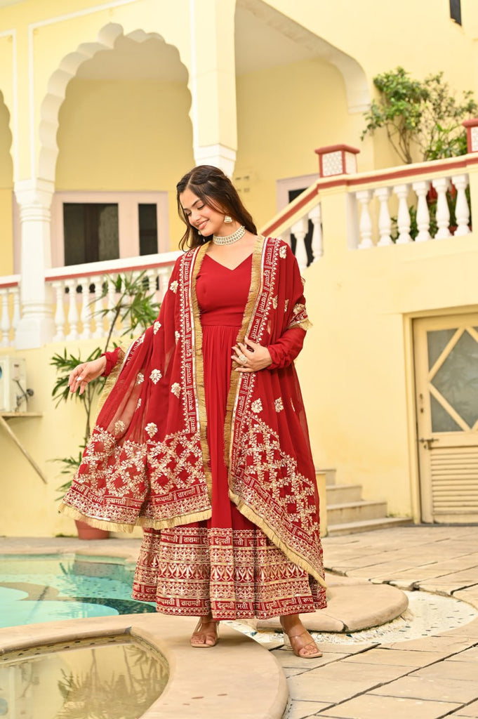 Red Faux Blooming Embroidered Zari Sequins Work Gown with Dupatta ClothsVilla