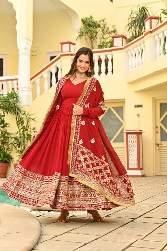 Red Faux Blooming Embroidered Zari Sequins Work Gown with Dupatta ClothsVilla