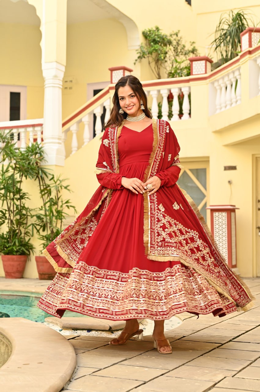 Red Faux Blooming Embroidered Zari Sequins Work Gown with Dupatta ClothsVilla