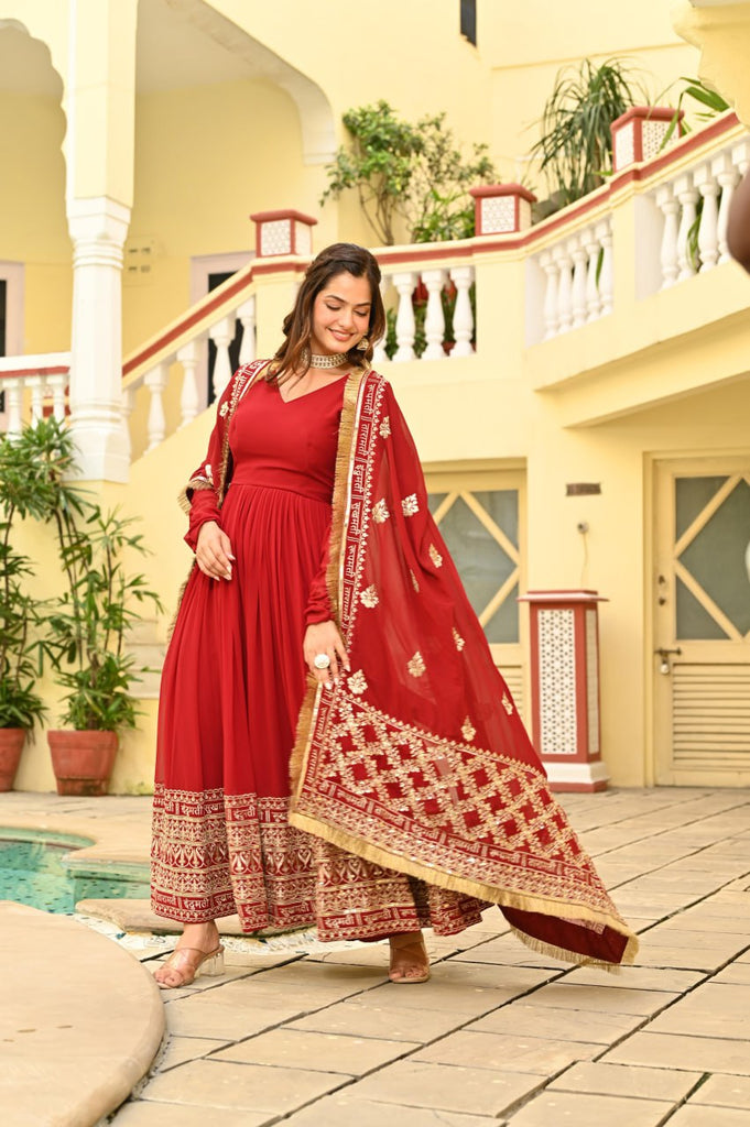 Red Faux Blooming Embroidered Zari Sequins Work Gown with Dupatta ClothsVilla