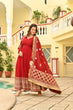 Load image into Gallery viewer, Red Faux Blooming Embroidered Zari Sequins Work Gown with Dupatta ClothsVilla