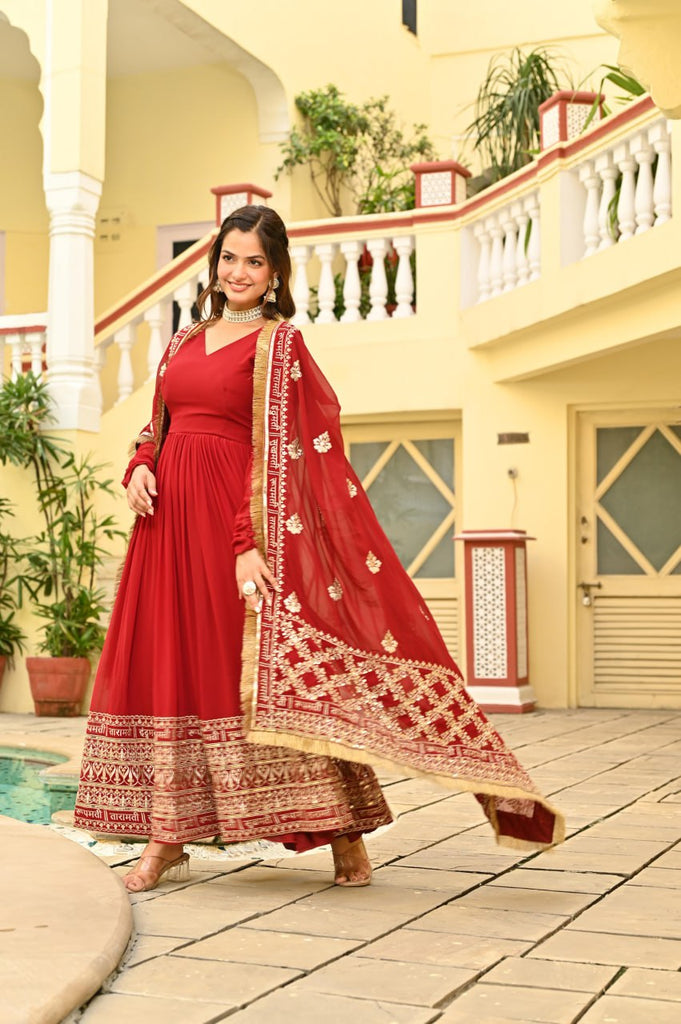 Red Faux Blooming Embroidered Zari Sequins Work Gown with Dupatta ClothsVilla