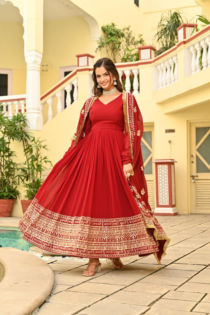 Red Faux Blooming Embroidered Zari Sequins Work Gown with Dupatta ClothsVilla