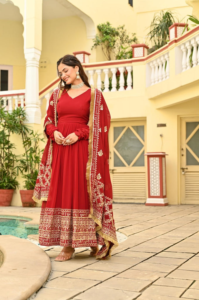 Red Faux Blooming Embroidered Zari Sequins Work Gown with Dupatta ClothsVilla