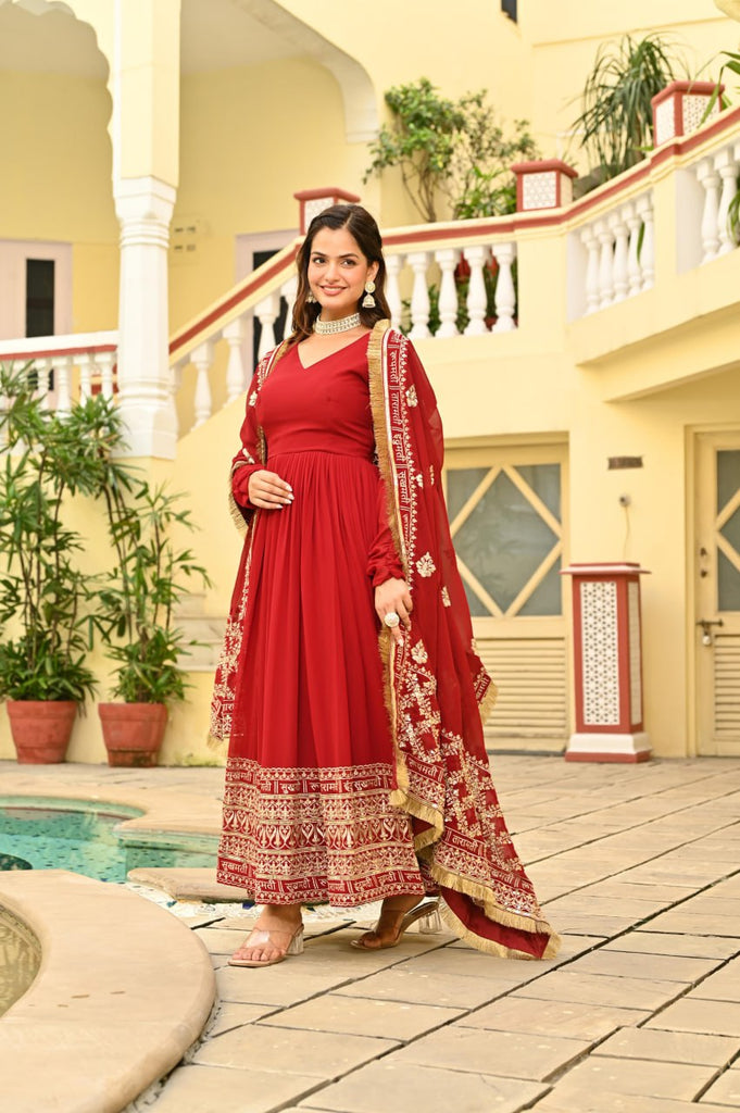 Red Faux Blooming Embroidered Zari Sequins Work Gown with Dupatta ClothsVilla