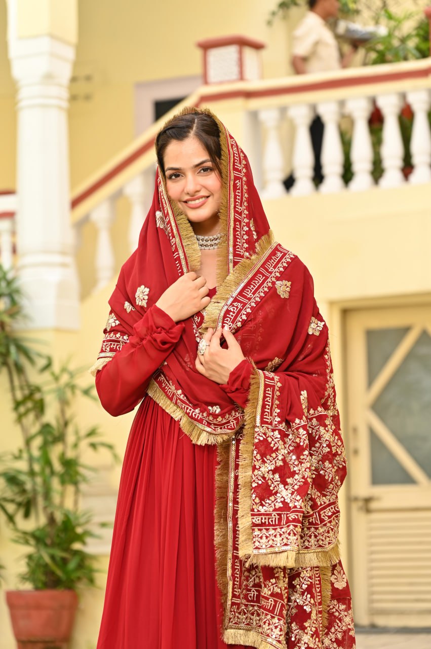 Red Faux Blooming Embroidered Zari Sequins Work Gown with Dupatta ClothsVilla