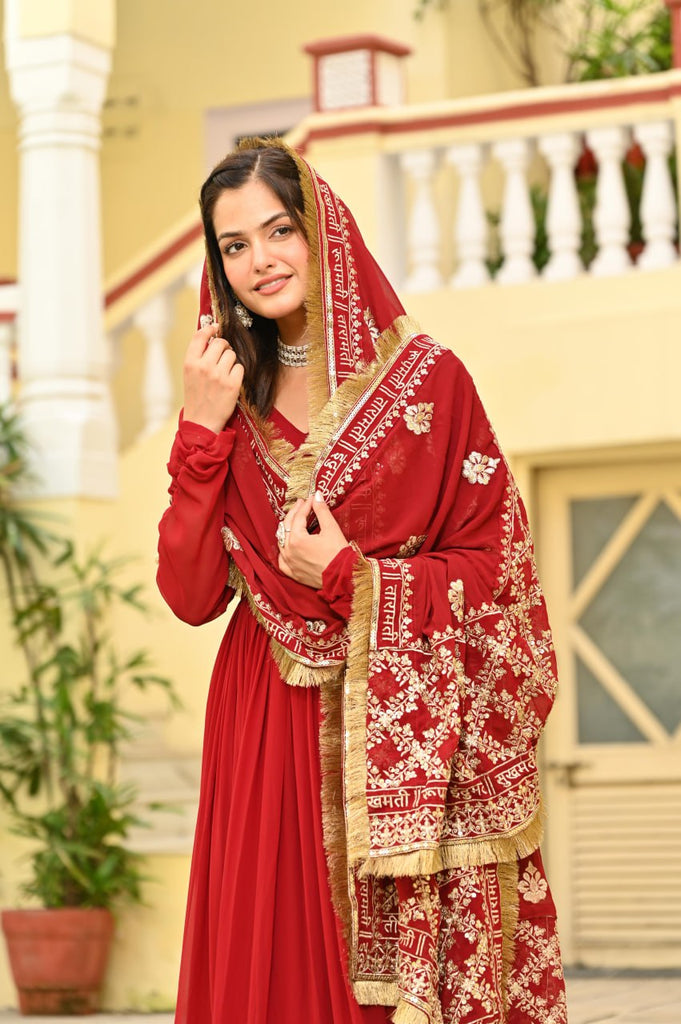 Red Faux Blooming Embroidered Zari Sequins Work Gown with Dupatta ClothsVilla