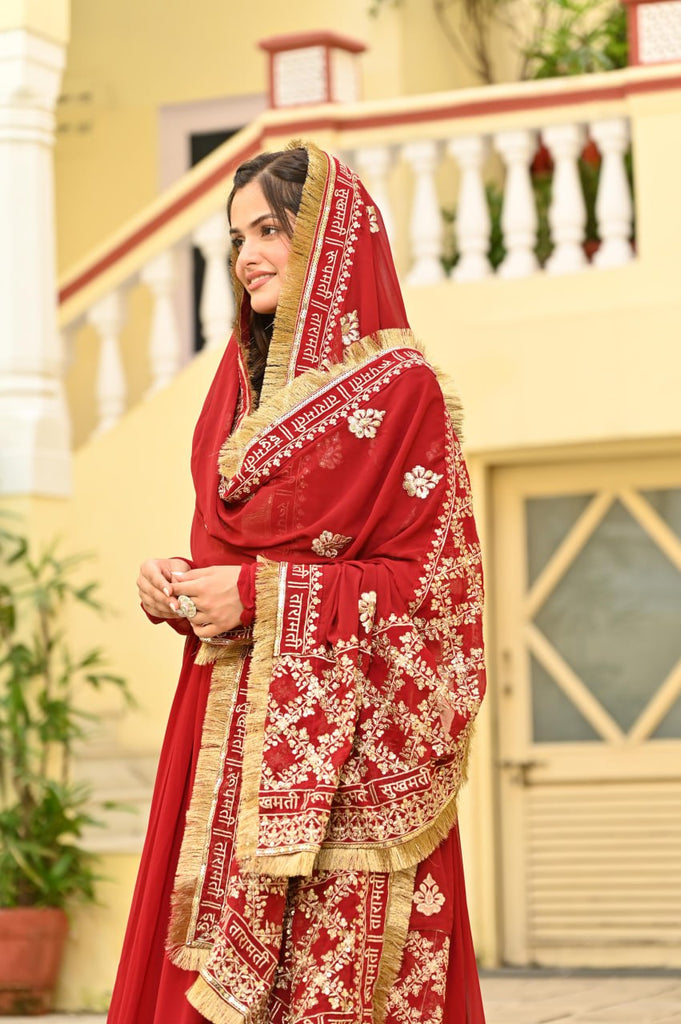 Red Faux Blooming Embroidered Zari Sequins Work Gown with Dupatta ClothsVilla
