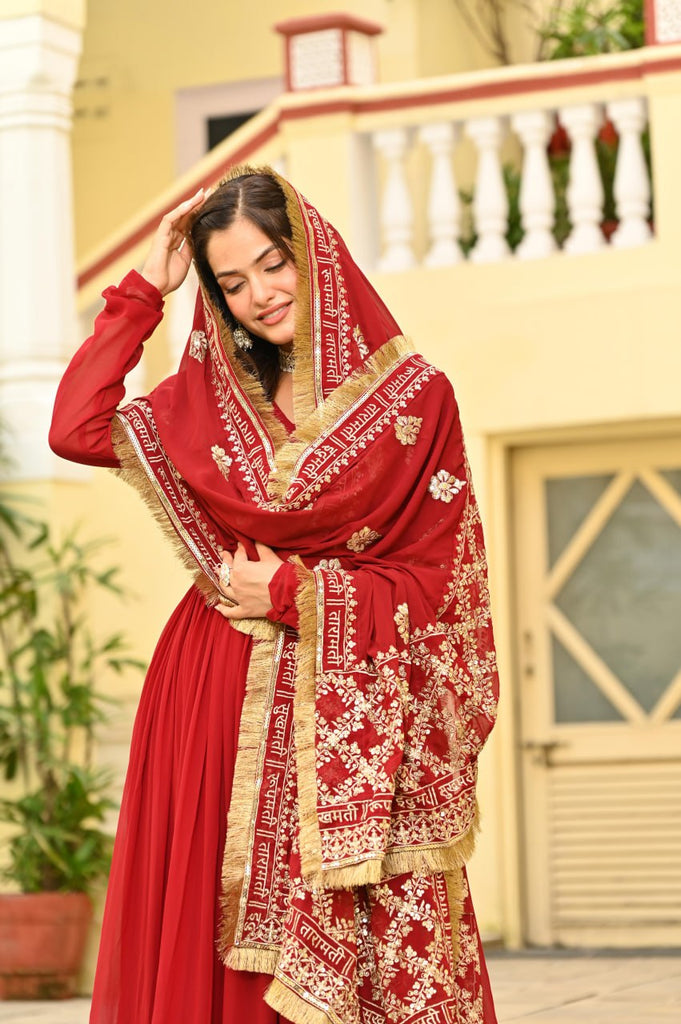 Red Faux Blooming Embroidered Zari Sequins Work Gown with Dupatta ClothsVilla