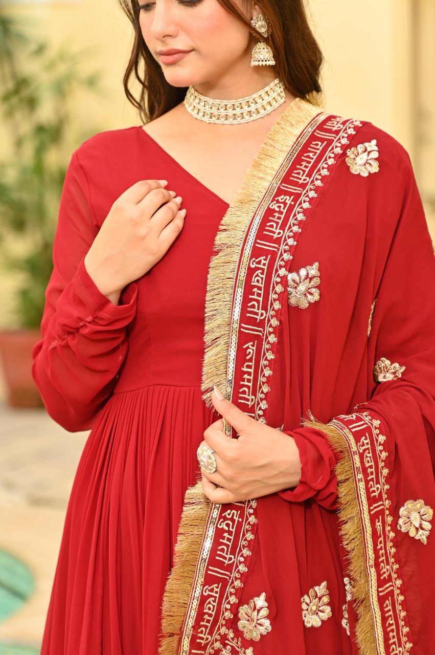 Red Faux Blooming Embroidered Zari Sequins Work Gown with Dupatta ClothsVilla