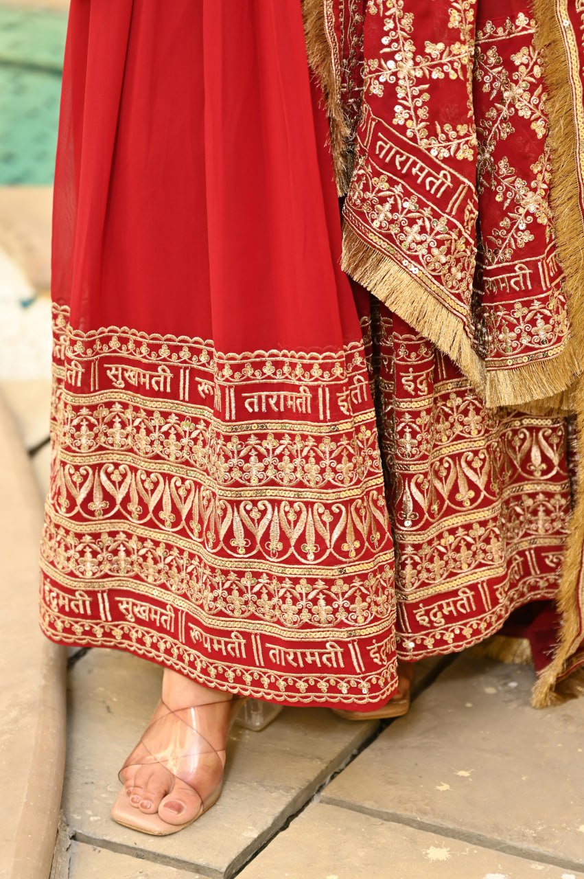 Red Faux Blooming Embroidered Zari Sequins Work Gown with Dupatta ClothsVilla