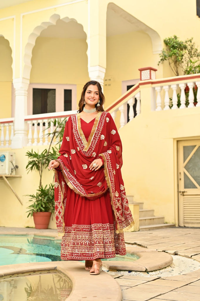 Red Faux Blooming Embroidered Zari Sequins Work Gown with Dupatta ClothsVilla